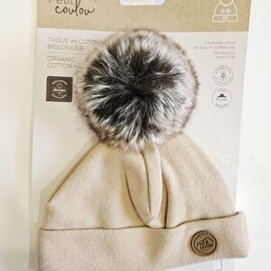 Beige Organic Cotton Hat with Faux Fur Pom
